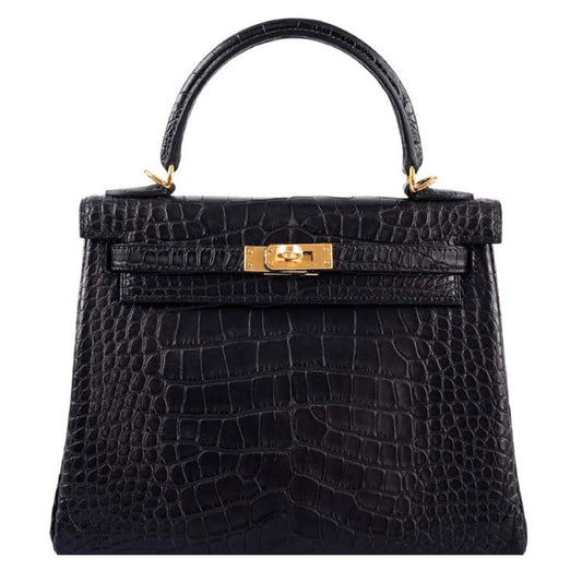Kelly 25 Matte Alligator Noir Gold Hardware