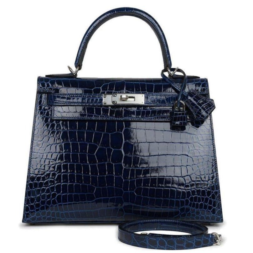 Kelly 28 Crocodile Niloticus Lisse Bleu Marine Palladium Hardware Kelly 28 Crocodile Niloticus Lisse Bleu Marine Palladium Hardware