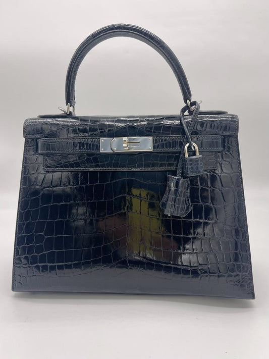 Kelly 28 Crocodile Niloticus Lisse Bleu Marine Palladium Hardware