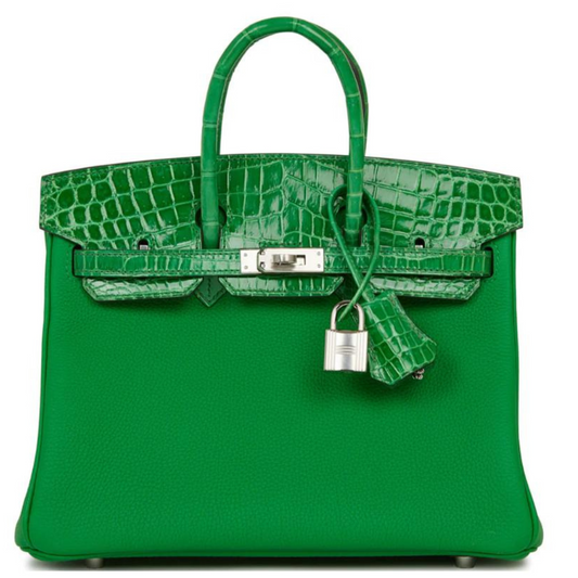 Birkin 25 Vert Bambou Shiny Niloticus Crocodile and Togo Palladium Hardware