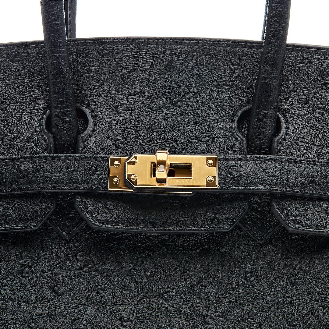 Hermes Birkin Bag Ostrich Leather Gold Hardware In Black
